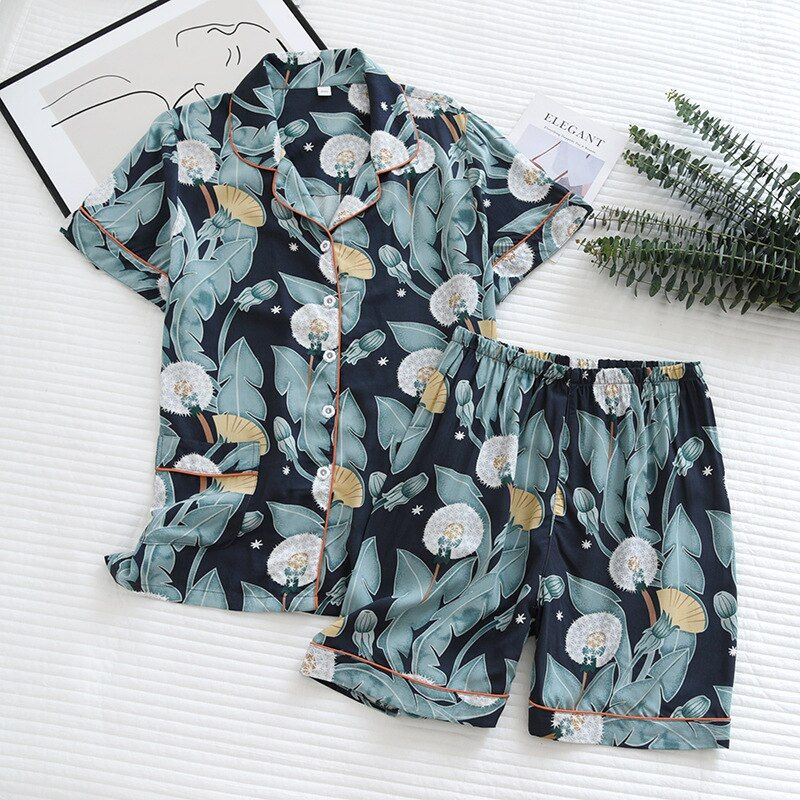 Summer Fresh Floral pajamas sets women sleepwear summer cozy 100% Viscose long sleeve pyjamas women homewear two piece
