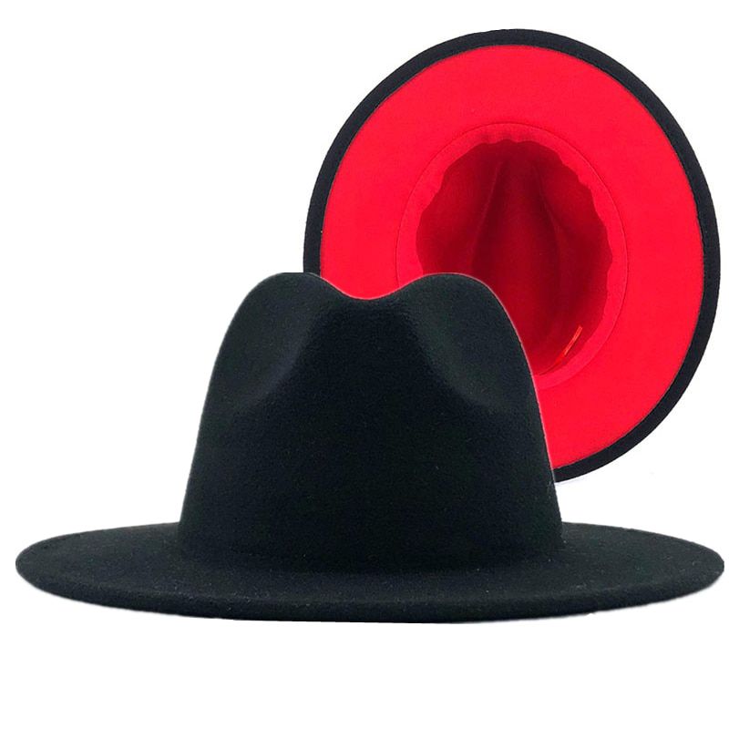 gray red Patchwork Wool Felt Jazz Fedora Hat Women Uni Wide Brim Panama Party Trilby Cowboy Cap Men Gentleman Wedding Hat XL