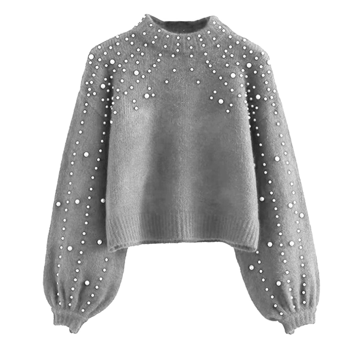 Knitted Sweater Crew Neck Faux Pearl Decor Lady Short Sweater