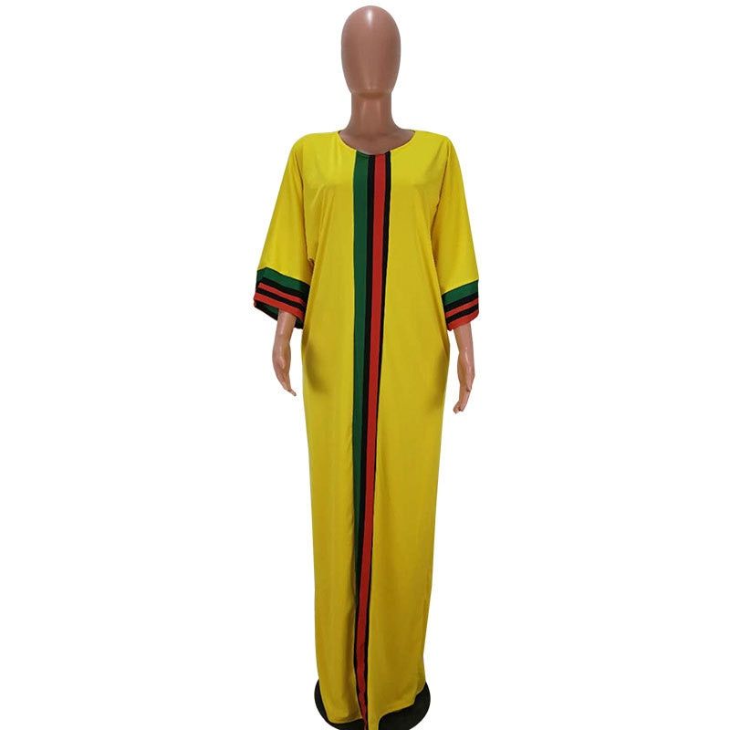 2019 New Dress Plus Size Women O-Neck Half Sleeves Ribbon Patchwork Sexy Floor-Length Loose Long Dress\t110#