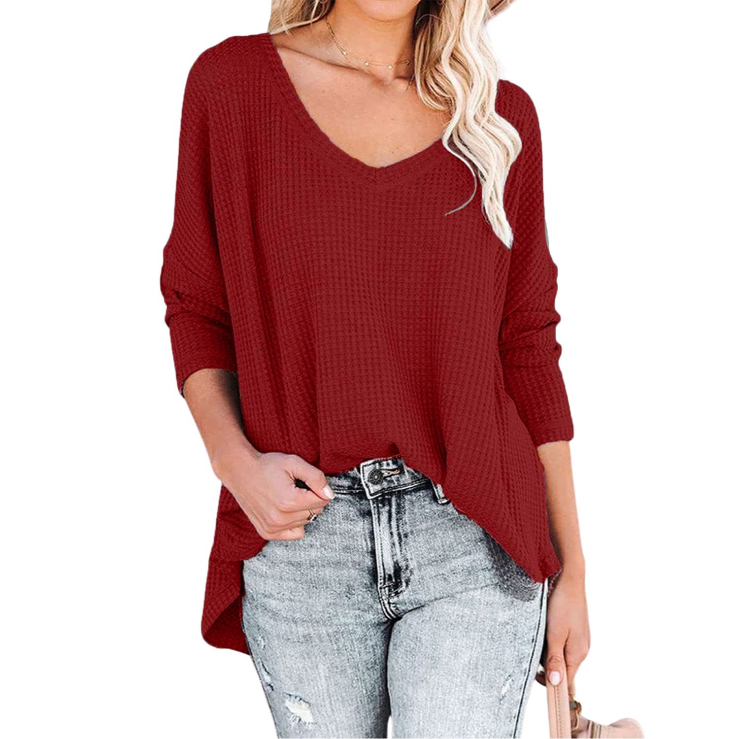 Women Casual Waffle T-shirt, Adults Loose Solid Color Long Sleeve V-neck Pullover