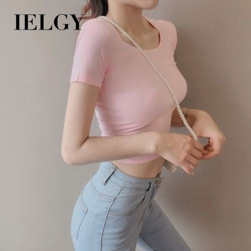 IELGY high waist short short-sleeved top women's slim versatile round neck solid color t-shirt