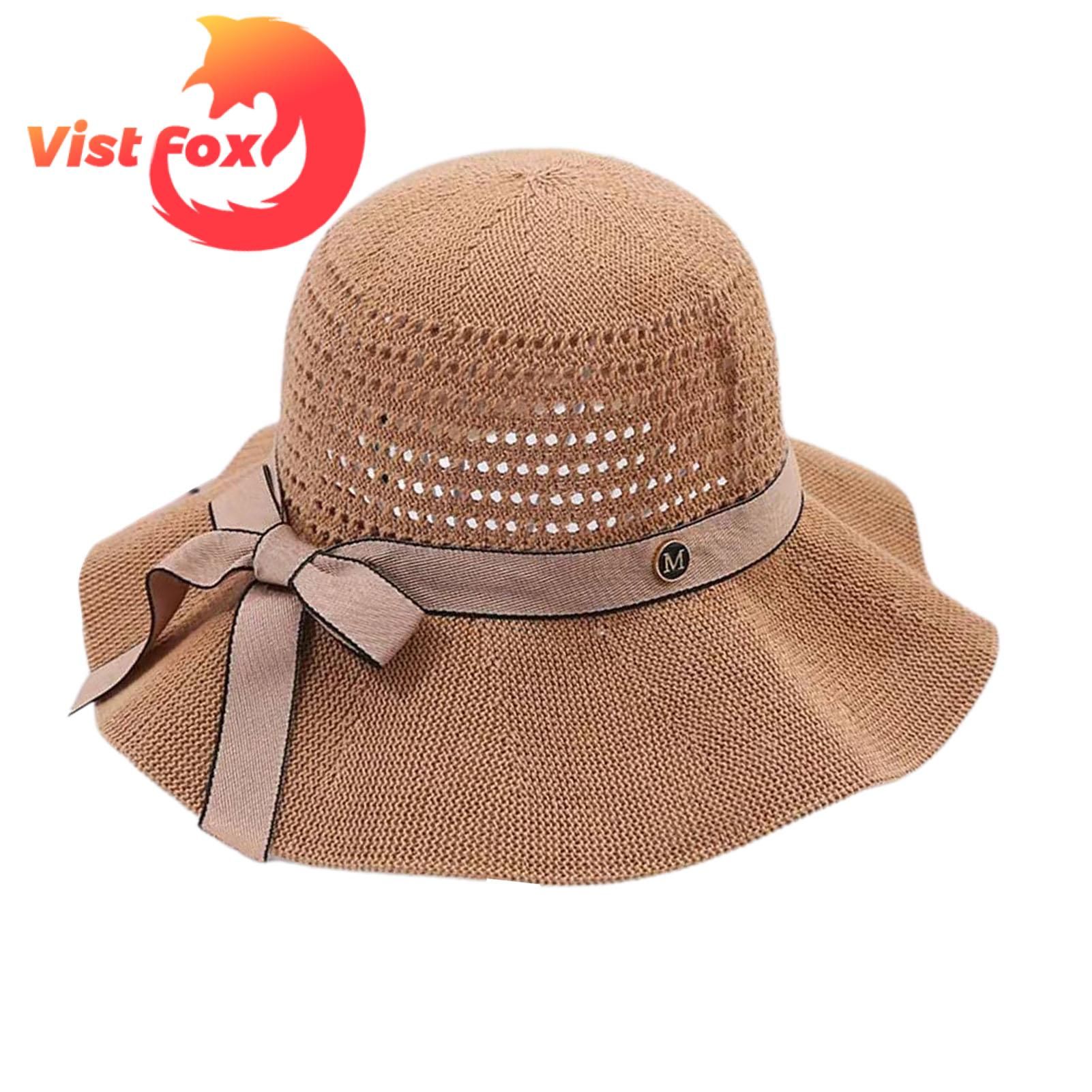 Vist Fox Sun Cap Solid Color Wide Brim Ribbon Bow Women Beach Hat
