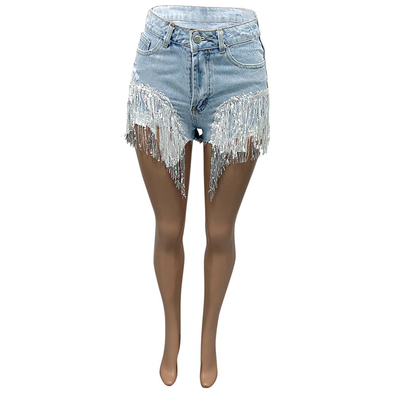 Women Beads Tassel Zipper Denim Shorts