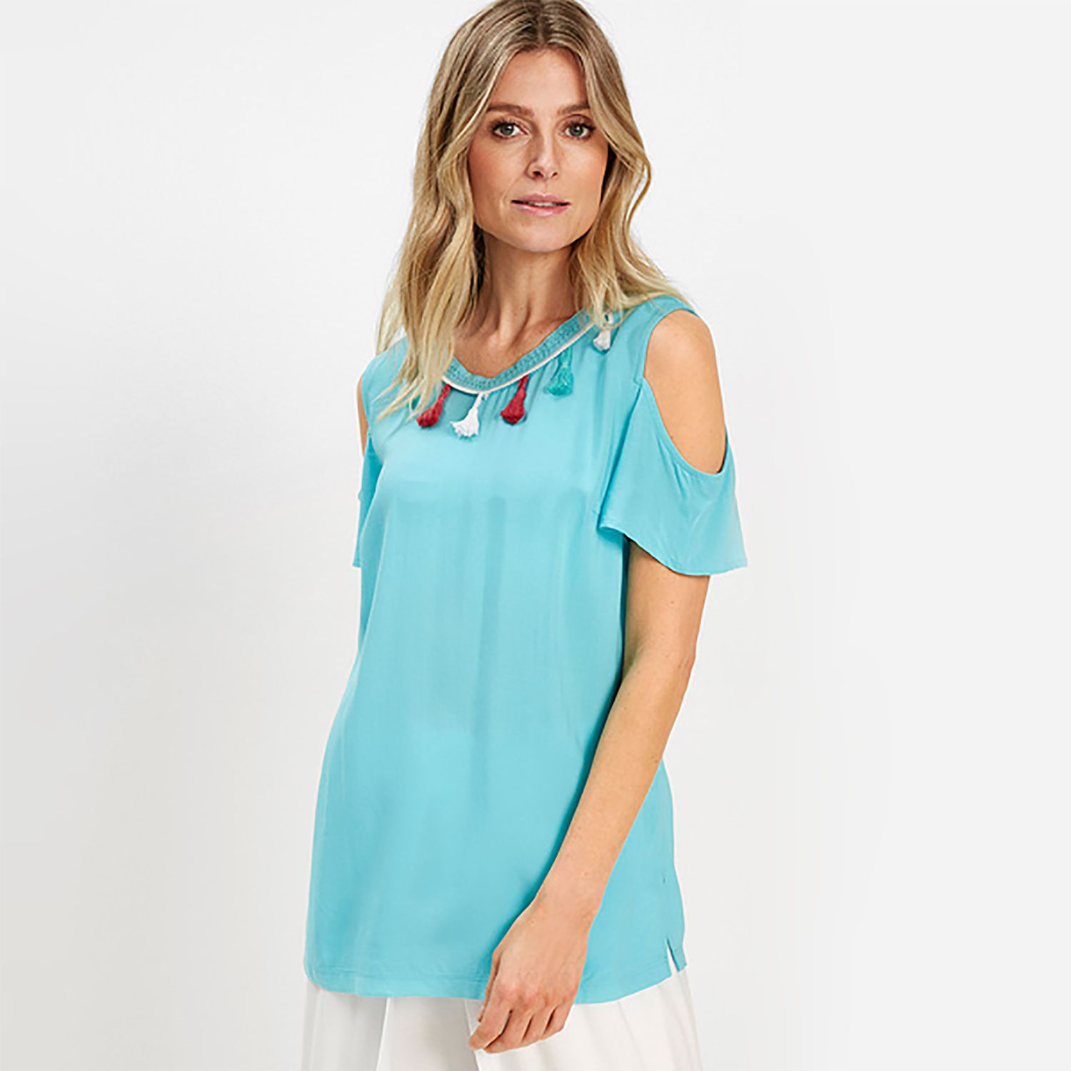 Viscose Open Sleeve Ladies Short Top (PINK/W/AQUA/CT-2.1)