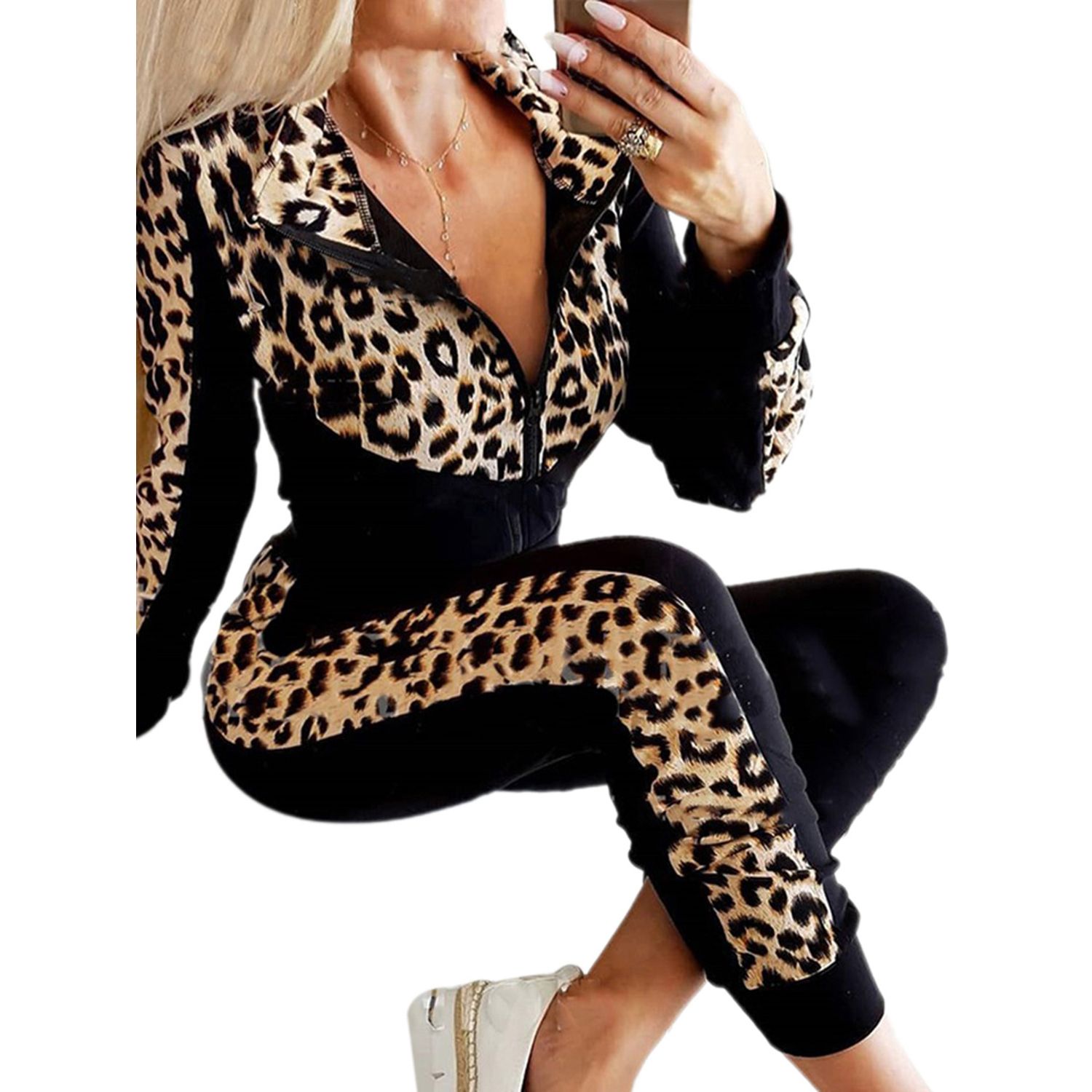 Women’s Two Piece Outfits, Long Sleeve Leopard Patchwork Zip Top and Long Pants Set Tracksuit