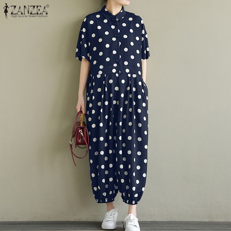 Women Summer Short Sleeve Collared Jumpsuits Baggy Dungarees Polka Dot Playsuits