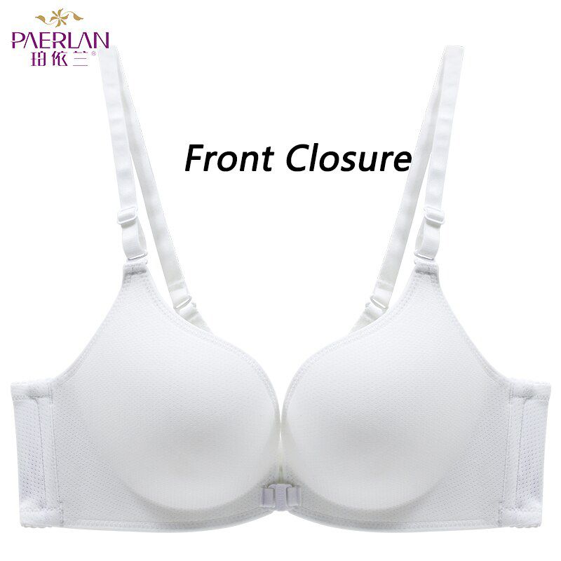 Wire Free Delicate Underwear Seamless Small Busts White Bra Front Closure Gathered Adjusted-Straps Standing Cotton Push Up Bra