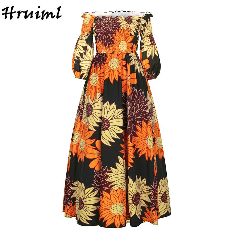 African Dresses for Women Fashion Floral Print Slash Neck Three Quarter Sleeve Maxi Dress High Waist Vintage Long Dress Autumn