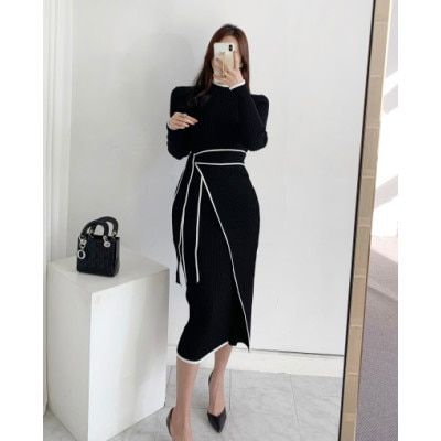 SMTHMA 2021 New Autumn Winter Korean Style Tament Dress Ladies Slim Waist Lace-Up Knitted Mid-Length Sweater Dress Vestidos