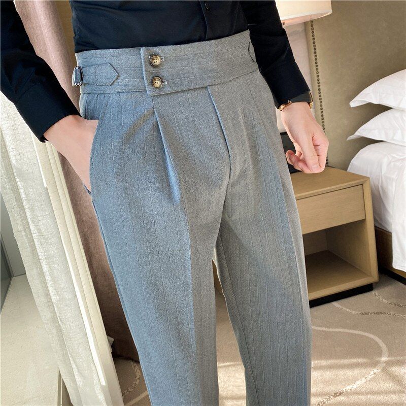 2022 Spring Autumn New Fashion Striped Suit Pants for Mens High Waist on Trouser Male Formal Business Wedding Casual Pants