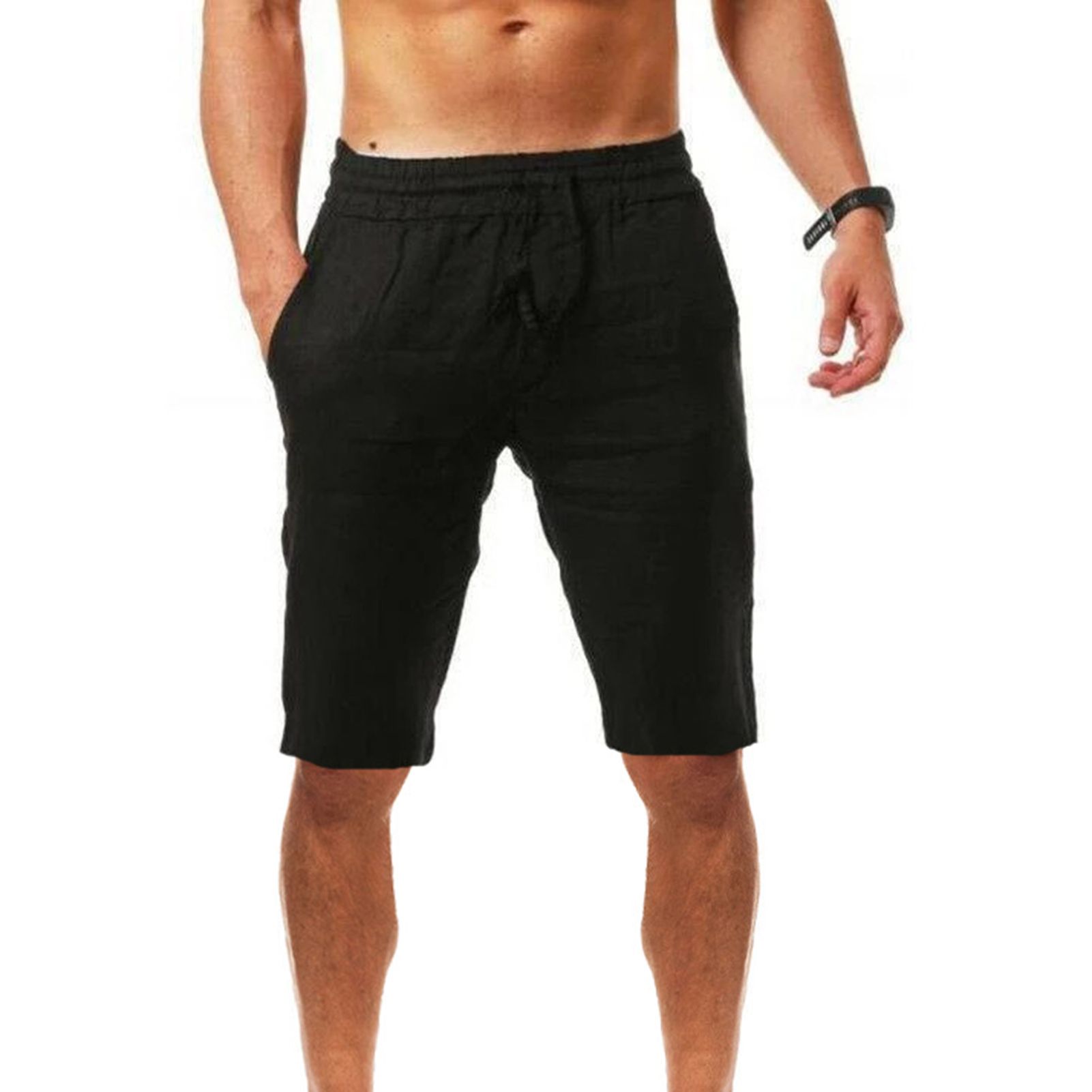 Men Shorts Solid Color Breathable Cotton Linen Drawstring Mid Rise Short Pants Knee-length Shorts for Running