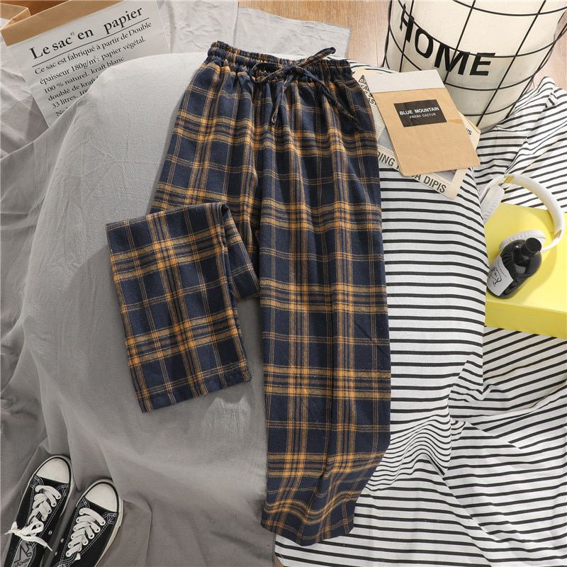 Female Korean ins Plaid pants loose lattice trousers women's casual wild straight leg pants trousers student couple