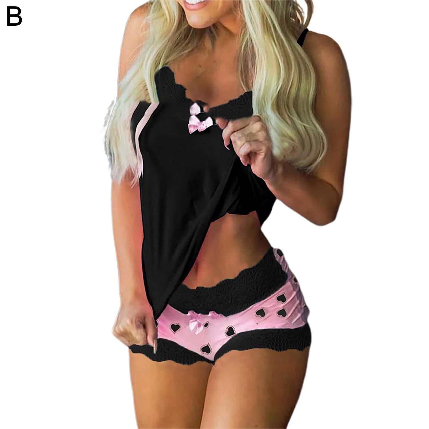 Sleepwear Set Heart Printed Off Shoulder Bow-knot Sleepwear Set