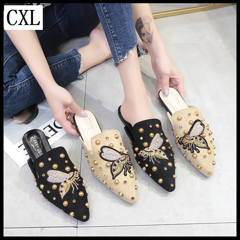 Fashion Beautiful Slippers Bee Inlay Flat Mules Sandals For Women (Size 35-40)