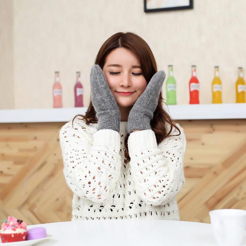 Women Winter Thick Knitted Cashmere Double Layer Plush Wool Knit Warm Mittens Female Cute Full Fingers Gloves L80-10x21cm