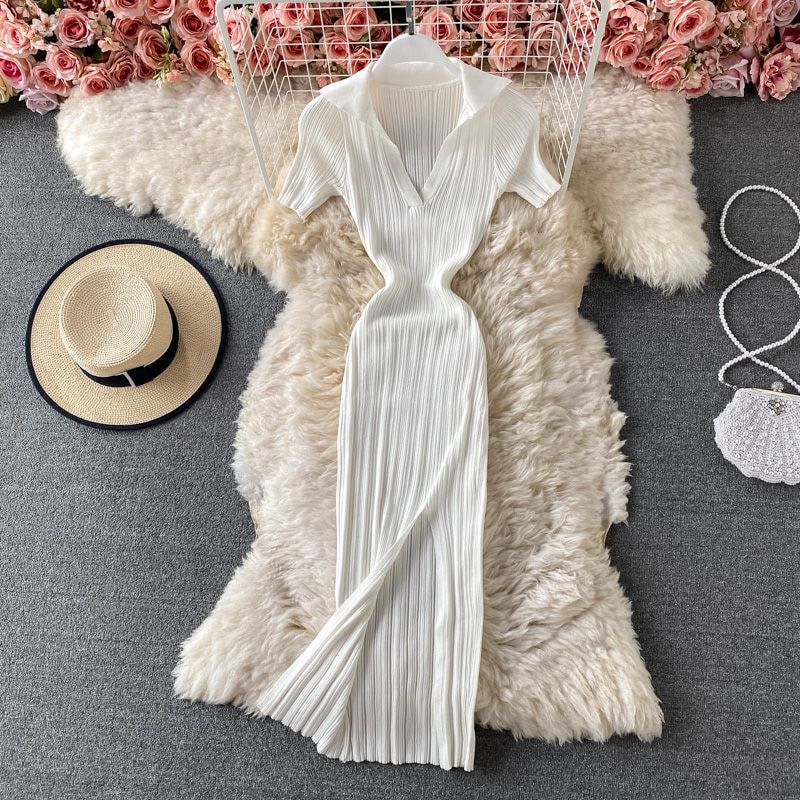 V-neck Short-sleeved Knit Bodycon Dress Women Casual Summer Slim Elastic High Split Mid-calf Ribbed Long Dress Vestido