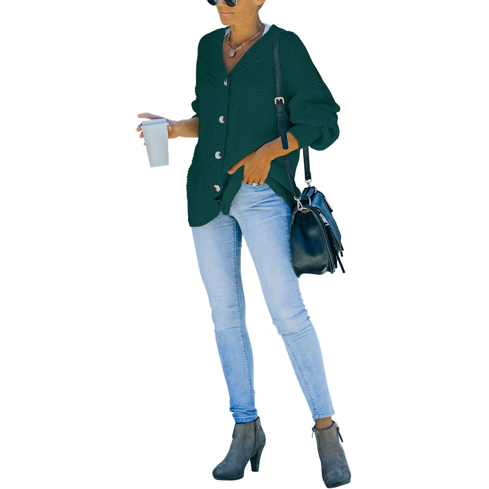 Women Loose Style Sweater, Solid Color Long Balloon Sleeves Buttons Open Front Coat, S/ M/ L/ XL