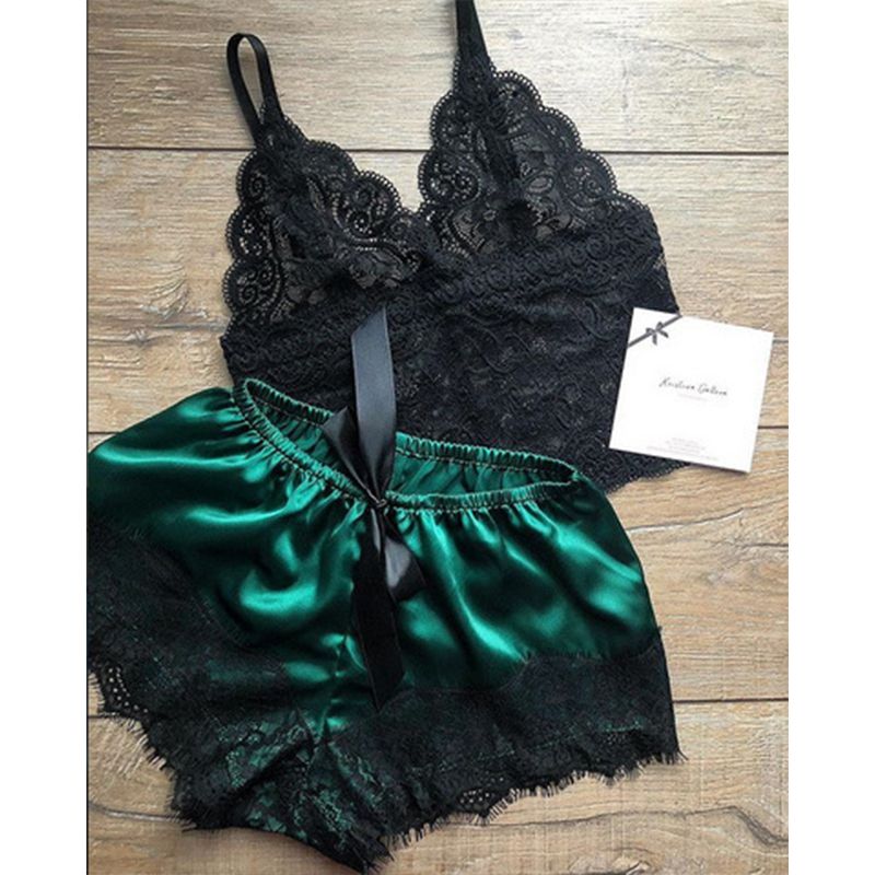 Yfashion 2 Pcs/set Women  Lace    Lingerie  Hollow V-neck Lace Sling op Briefs wo-piece Suit Pajamas color