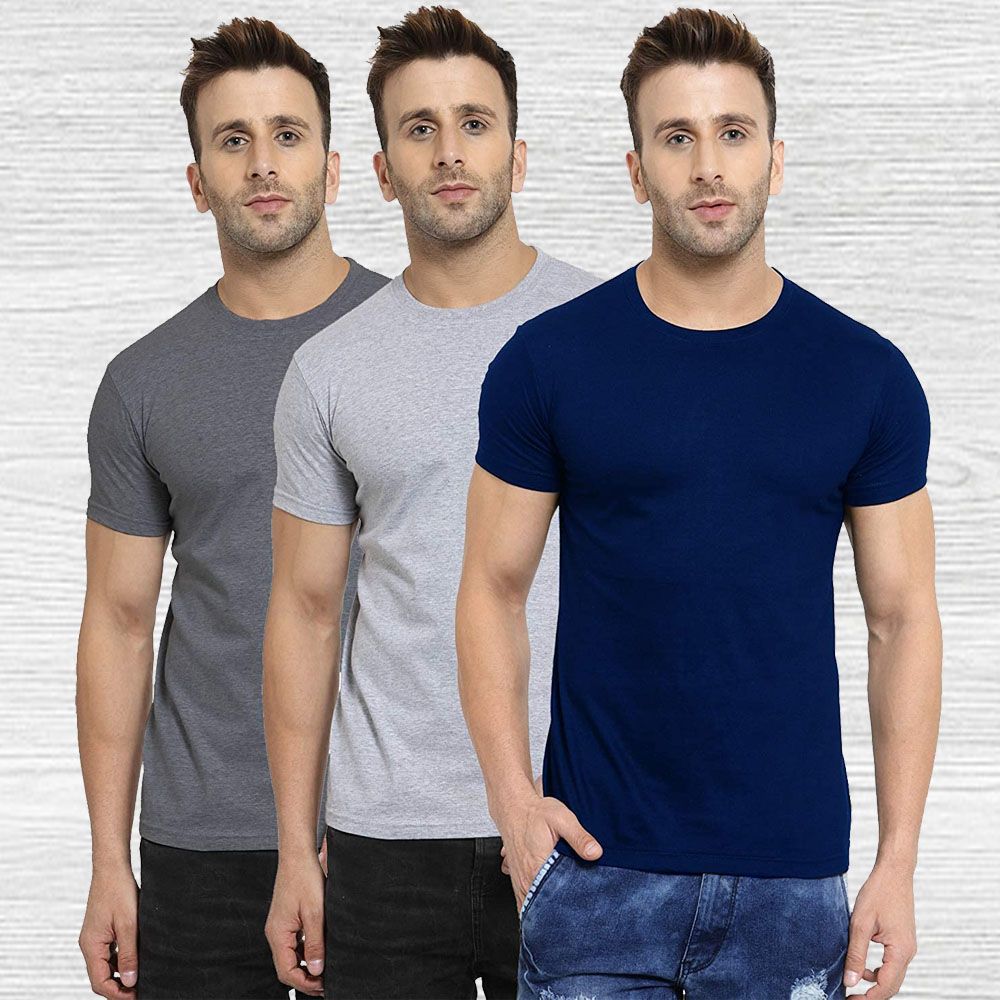 Premium Quality Cotton Casual Combo of 3 Super Comfort Trendy Cotton Half Sleeve T-Shirt For men - BLACK, GREY & NAVY BLUE - T-Shirt For Men - T Shirt - T Shirt For Man