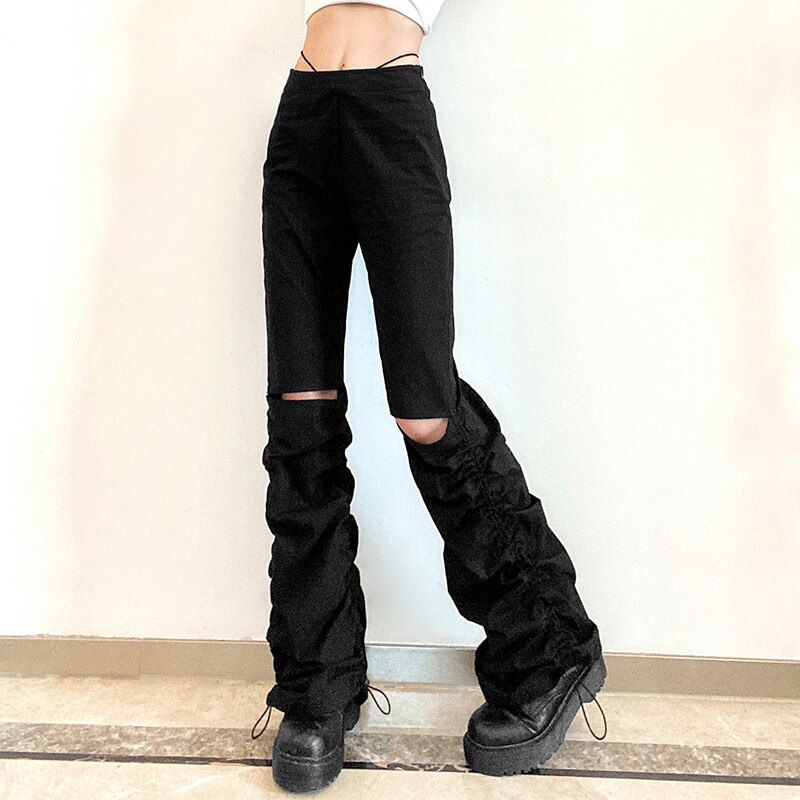 High Waist Hole Women's Pants Stacked Pleated Black Hot Girls Slim Trousers Women Summer Autumn Streetwear Pants Female