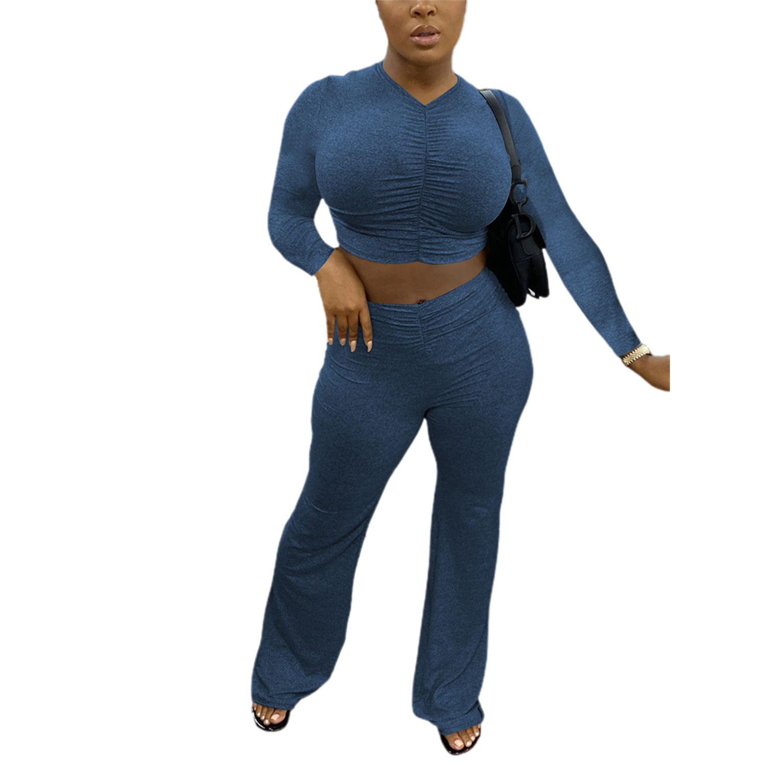 2021 Women's 2 Piece Set, Long Sleeve Solid Color Ruched Crop Top + Elastic Waist Long Pants Set Loungewe