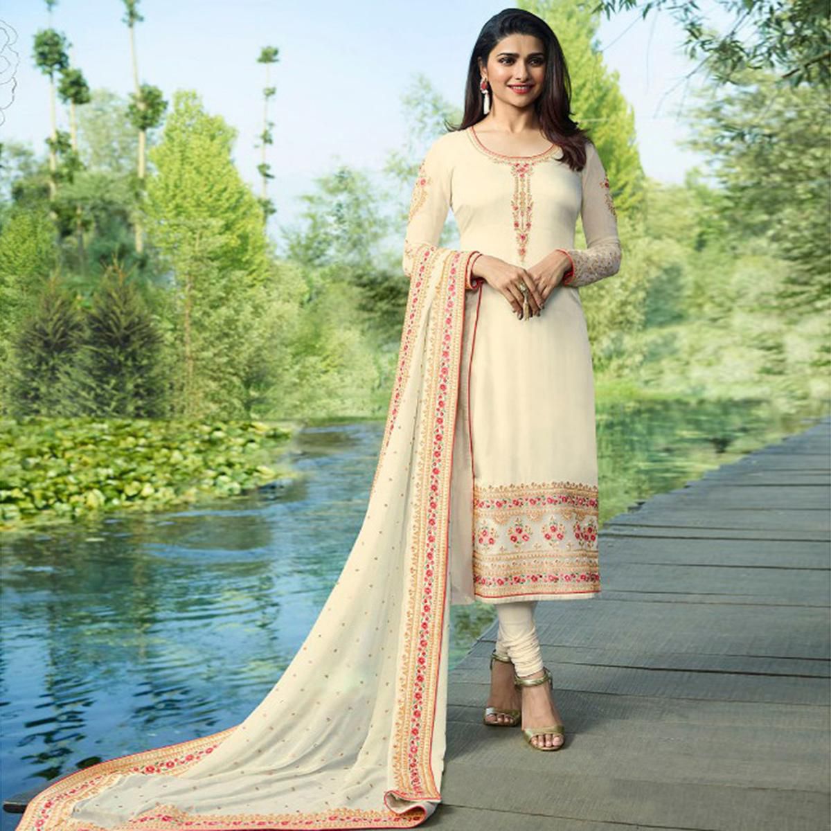 Fashionable Unstitched Wheat Georgette Embroidery Work Salwar Kameez For Women