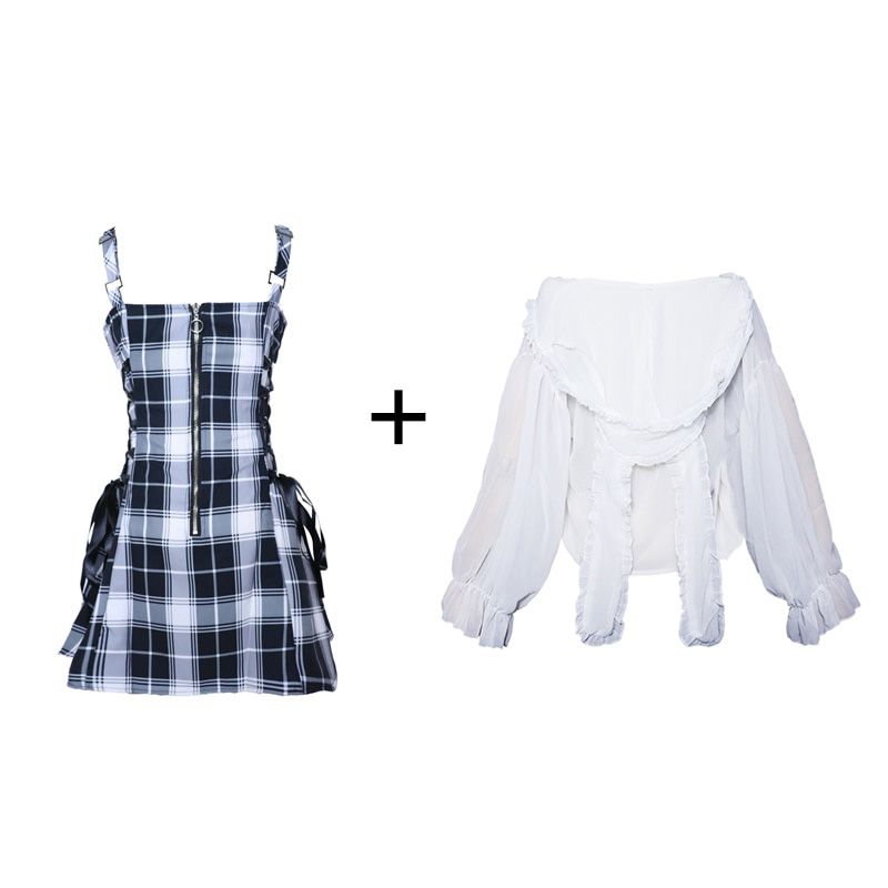 Kawaii Plaid Pleated Lolita Mini Dress Women Punk Emo Harajuku Y2k Aesthetic Dresses Sets Goth Fairy Grunge Kpop Clothes