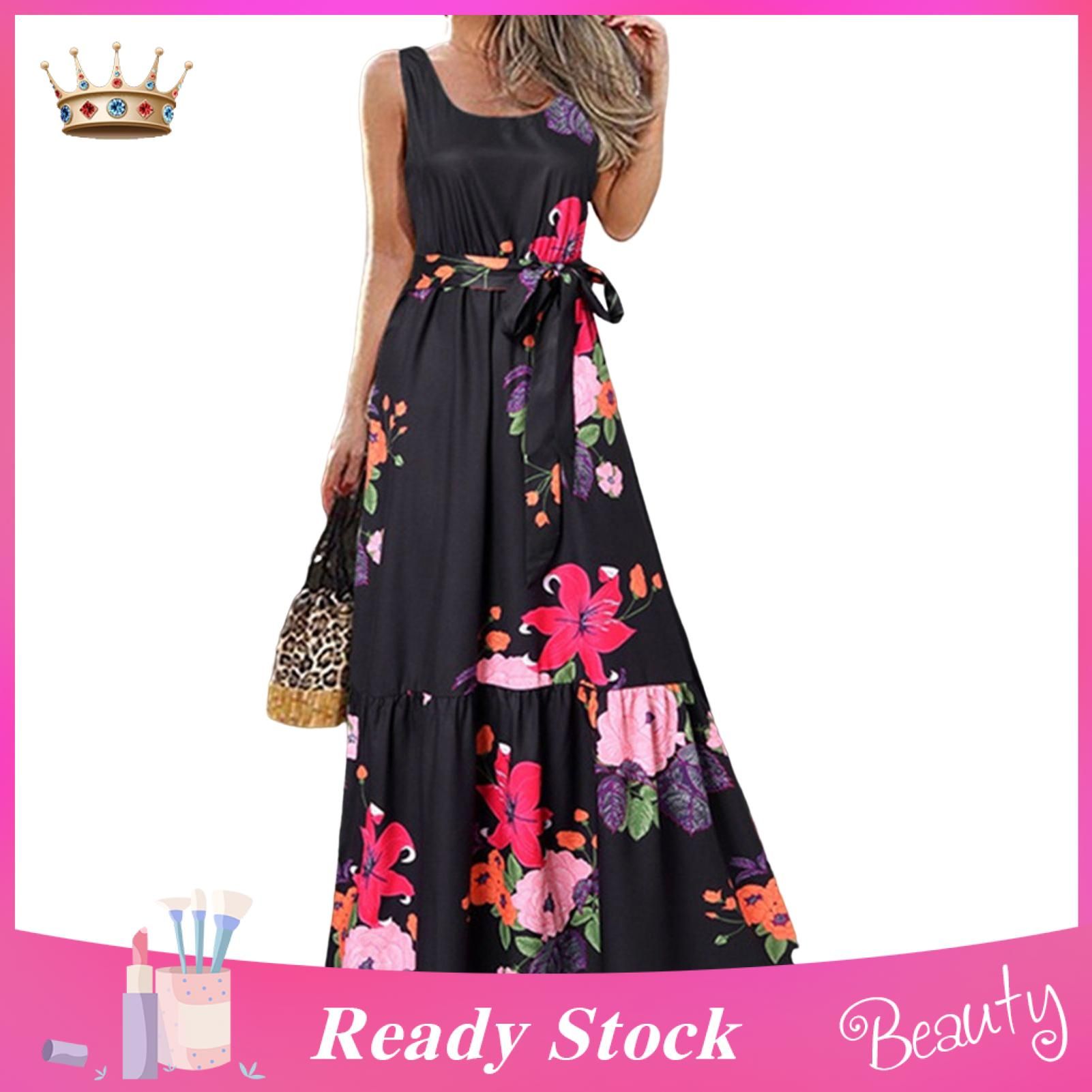 Maxi Dress Loose Hem Tight Waist Artistic Pattern Summer Dress