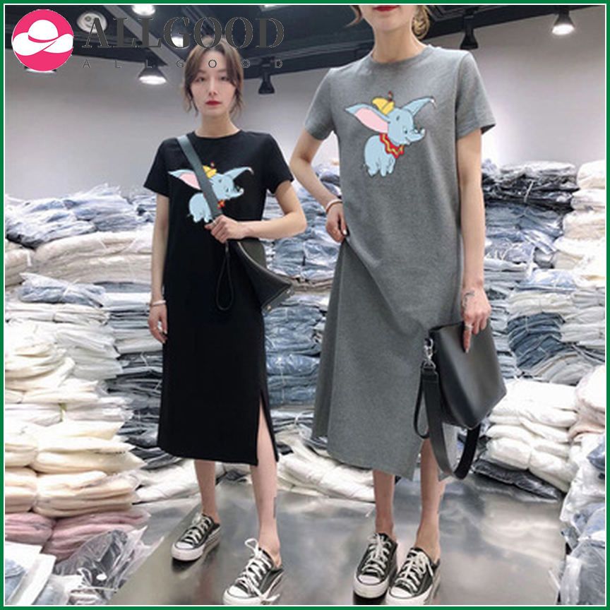 Plus Size Women's Wear Star with TSelection of  Letter Short-sleeved Mid-length Dress Loose Korean Version T-shirt Black Dress