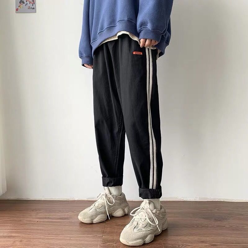 Casual Pants Men Loose Straight Ankle-length Trousers Patchwork Striped Summer Breathable Mens Oversize New Korean Ulzzang Chic