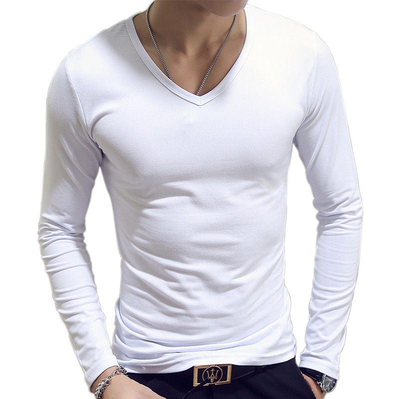 T Shirt ple Long Sleeve Spring Autumn Morality Men's T-shirt Sets V-neck Solid Polyester White Grey Blue T Shirt Men Tees New