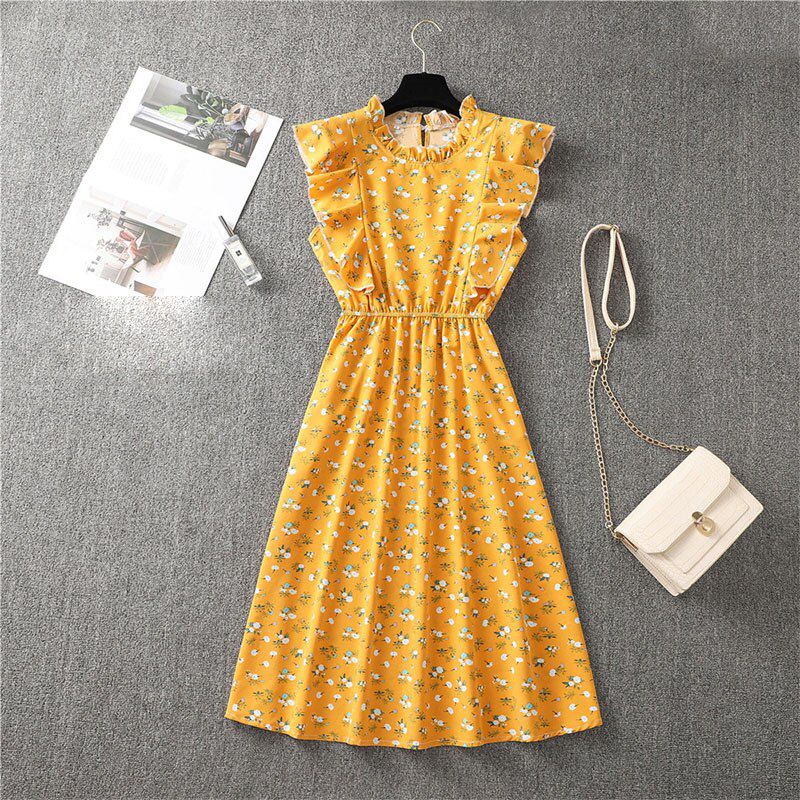 Summer Ladies Elegant Heart Dot Print Dress Women New Butterfly Sleeve Ruffles Medium Long Vacation Dress Blue Black Red
