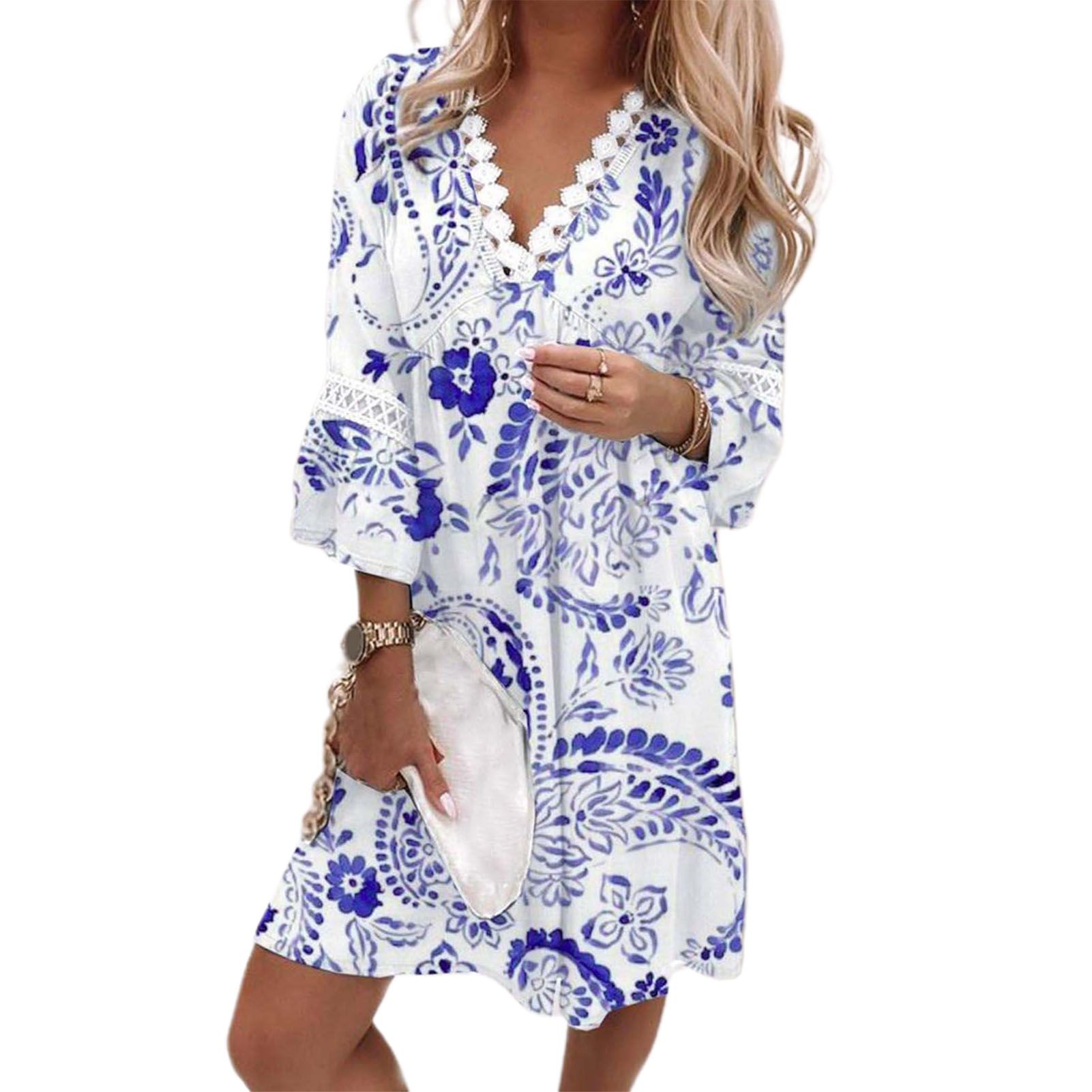Holiday Dress High Waist Ethnic Style Floral Print 3/4 Flared Sleeve Women Dress