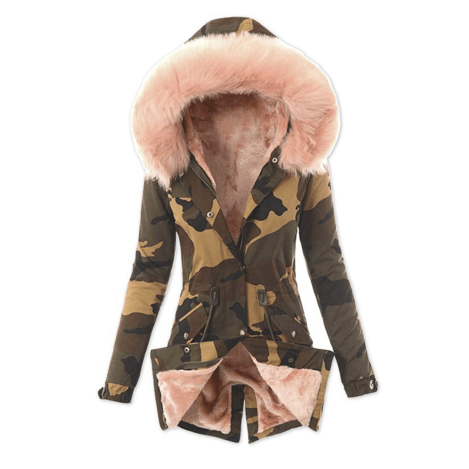 Cotton Coat Buttons Closure Plush Hooded Women Jacket Coat