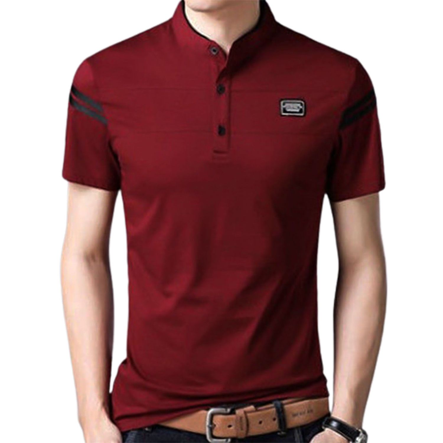 Men Shirt Stripe Printing Patchwork Polyester Stand Collar T-shirt for Dating