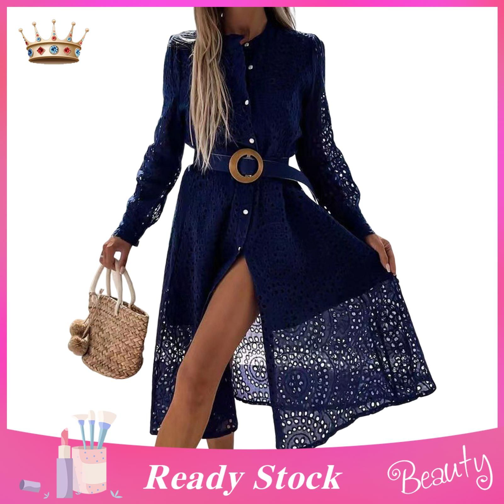 Summer Dress Breathable Hollow Out Stand Collar Party Dress
