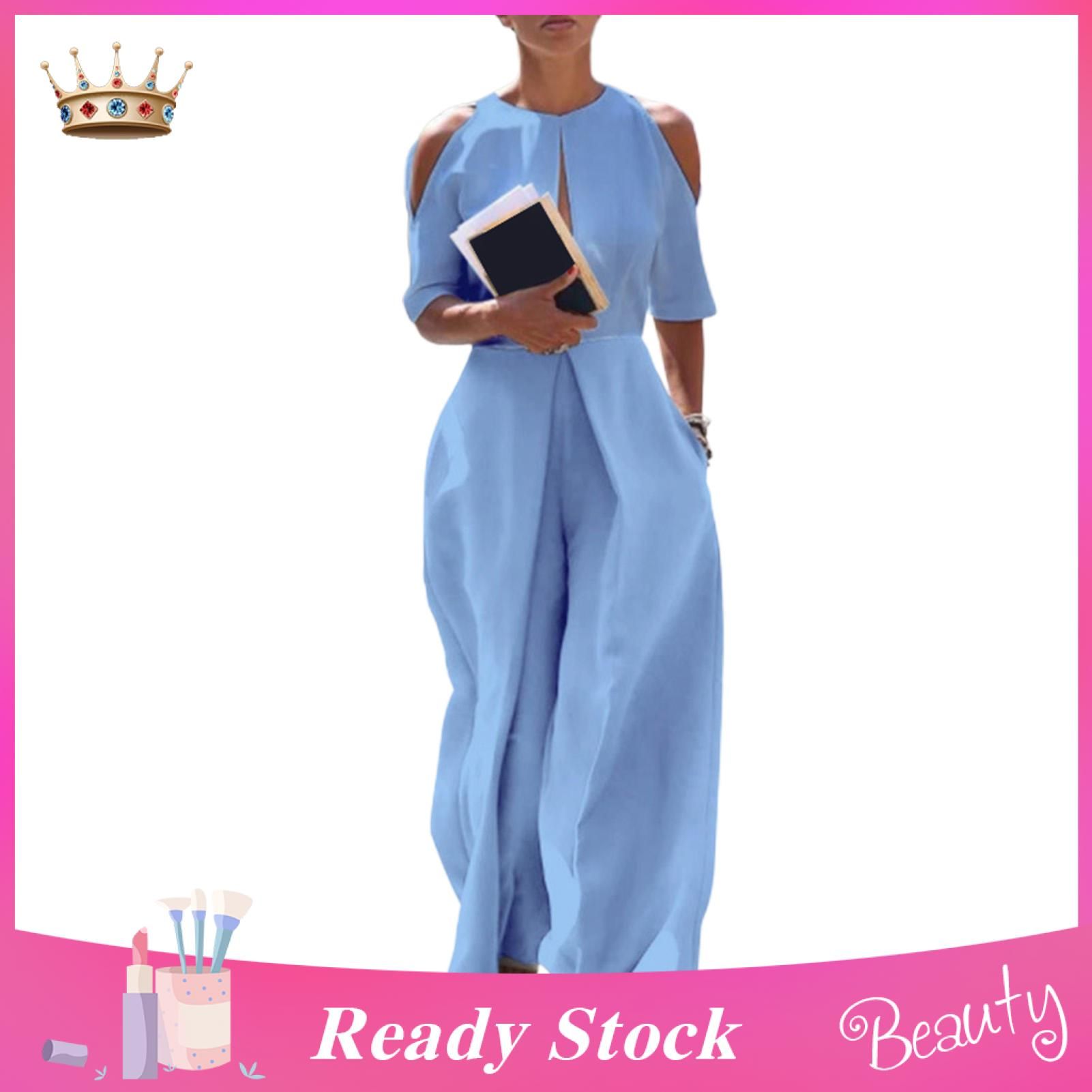 Women Jumpsuit Crew Neck Cold Shoulder Half Sleeve Front Hollow Long Jumpsuit
