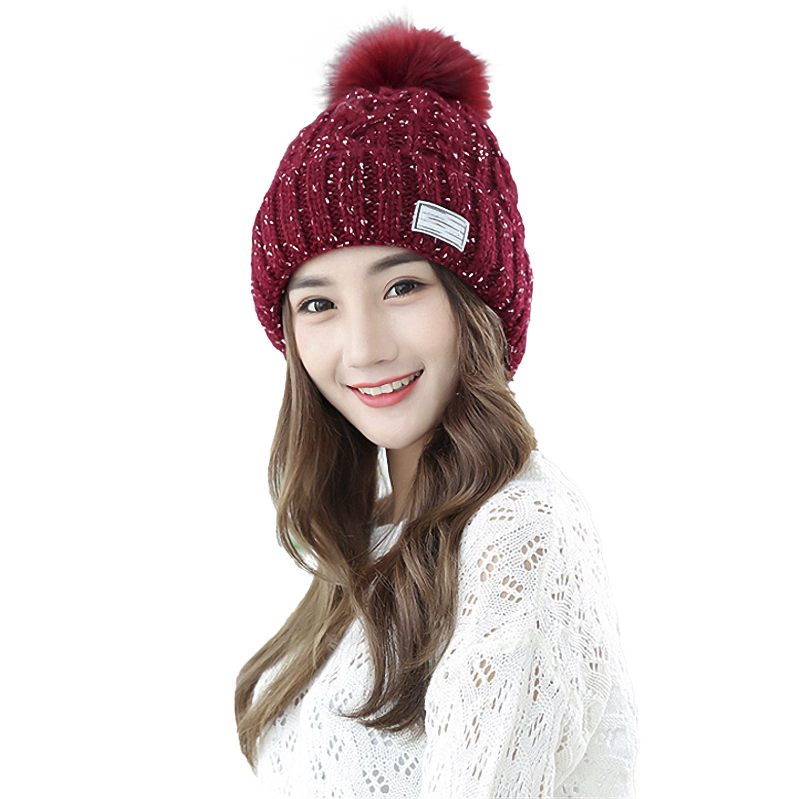 Women Winter Thick Warm Knitted Beanies Pompon Hats Outdoor Riding Skiing Cap