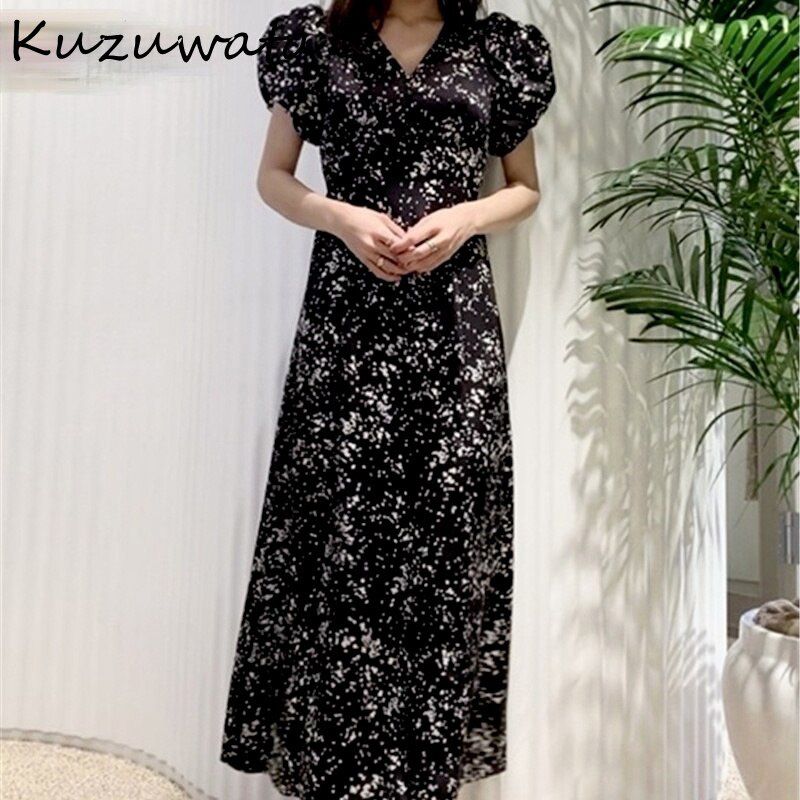 Kuzuwata V Neck Puff Short Sleeve Dress Women High Waist Hip A Line Long Vestidos Summer New Print Robe Open Back