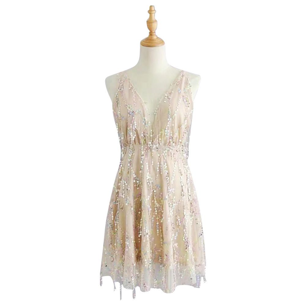 Women Sequins Tassel Deep V Neck Backless Halter Evening Mini Dress