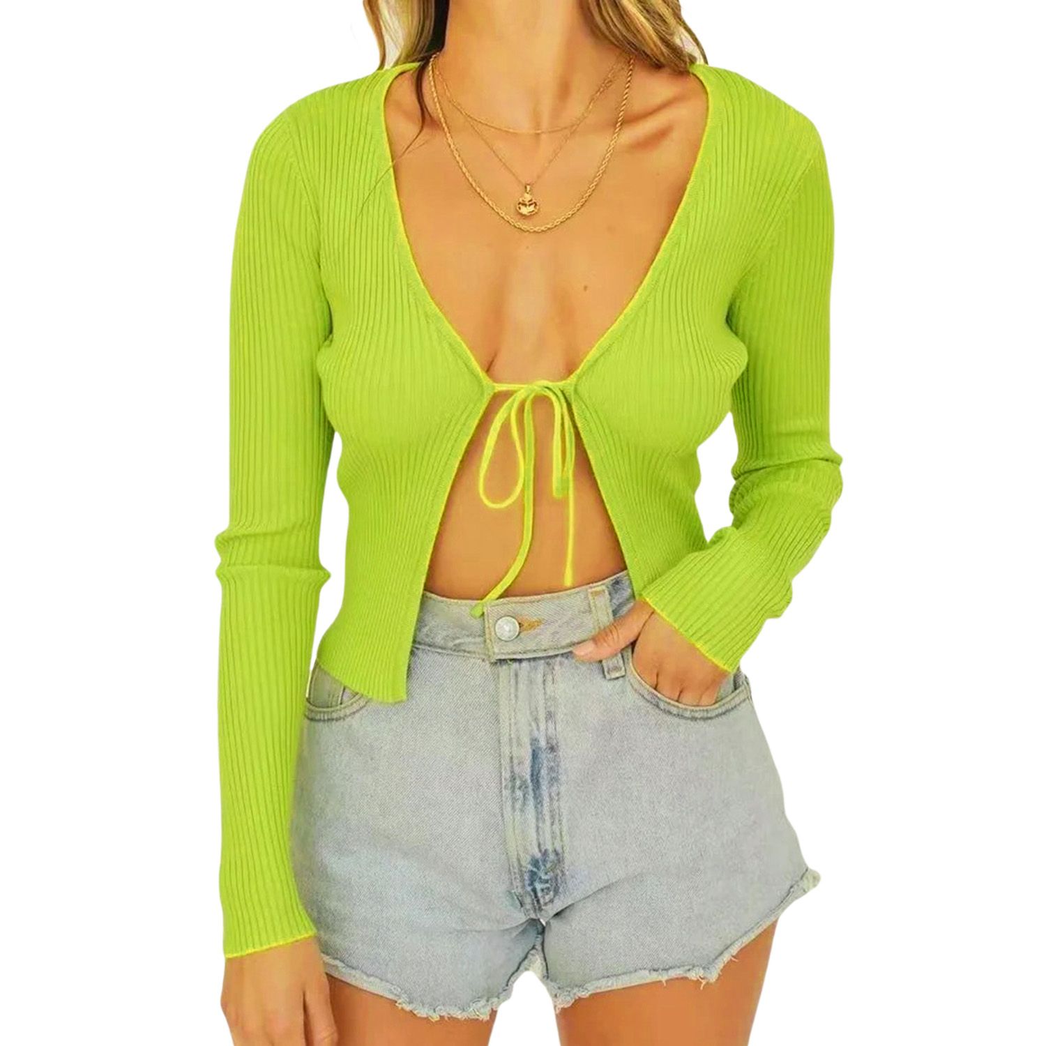 Women's Tie Up Crop Tops, Long Sleeve Deep V Neck Open Front Rib Knit Shirts