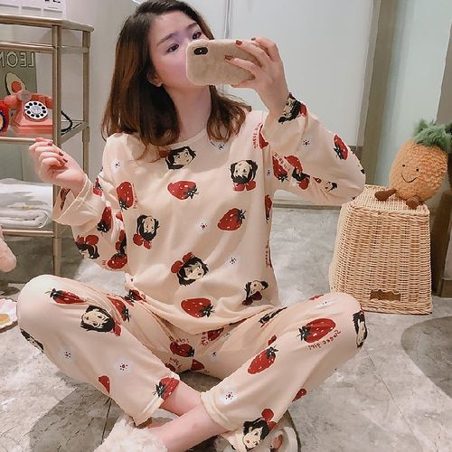 Set for Women Trousers Casual Sleepwear Kawaii Pijamas Ladies Long Sleeve Warm Woman Homewear suit  Autumn Cartoon Pajamas