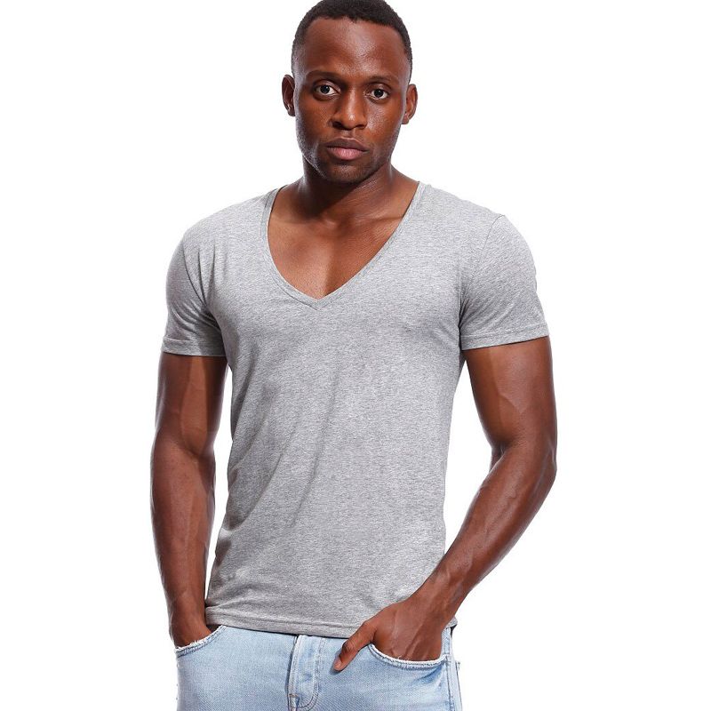 Deep V Neck T Shirt for Men Low Cut Vneck Wide Vee Tee Male Tshirt Invisible Undershirt Model Scoop Hem Slim Fit Short Sleeve