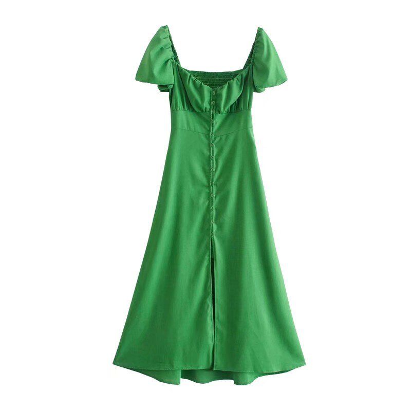 Tangada 2021 Fashion Women Solid Hotpink Dress Pleated Puff Short Sleeve Ladies Casual Midi Dress Vestidos 3H671