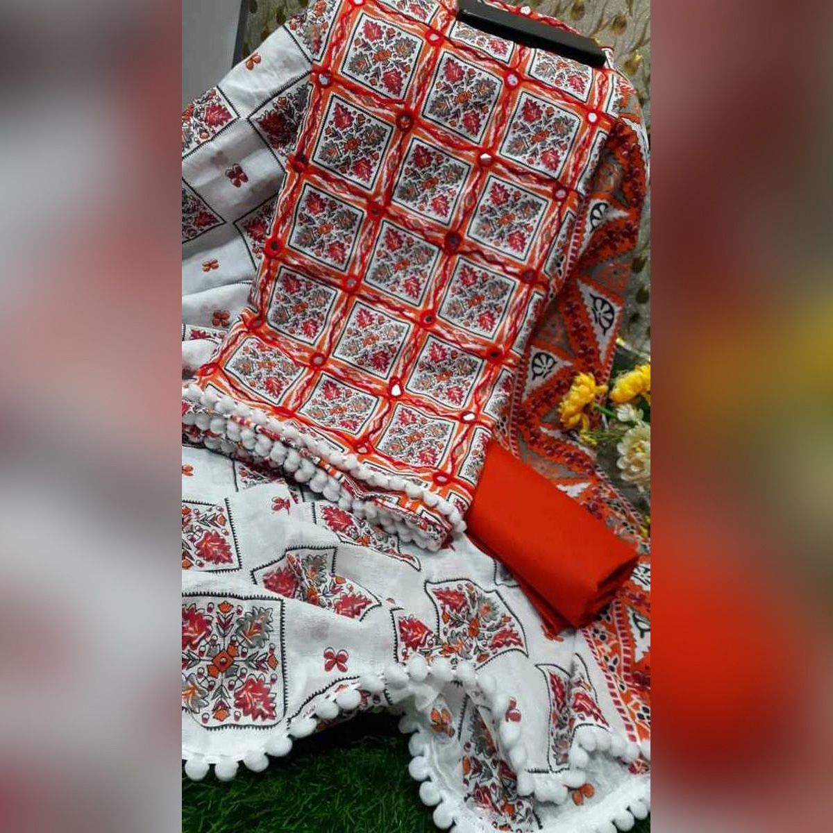 জয়পুরী এরি ওয়ার্ক আনস্টিচড ফ্যাশনেবল স্টাইলিশ জমকালো থ্রি পিস সেট মহিলাদের পোশাক সালোয়ার কামিজ পোশাক {3 পিস