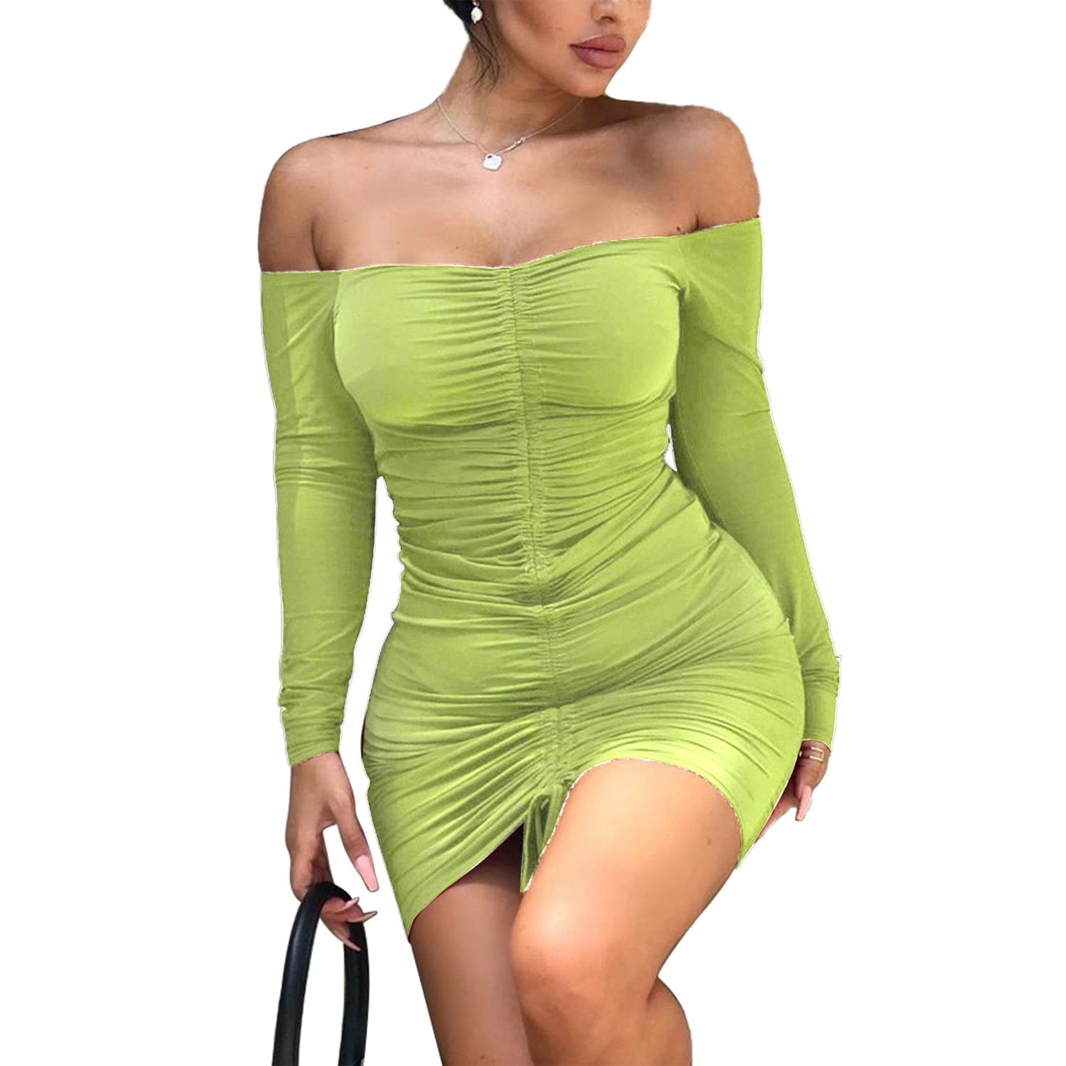 2021 Women fashion Off Shoulder Ruched Dress Fashion Long Sleeve Off Shoulder Dress for Women Ladies