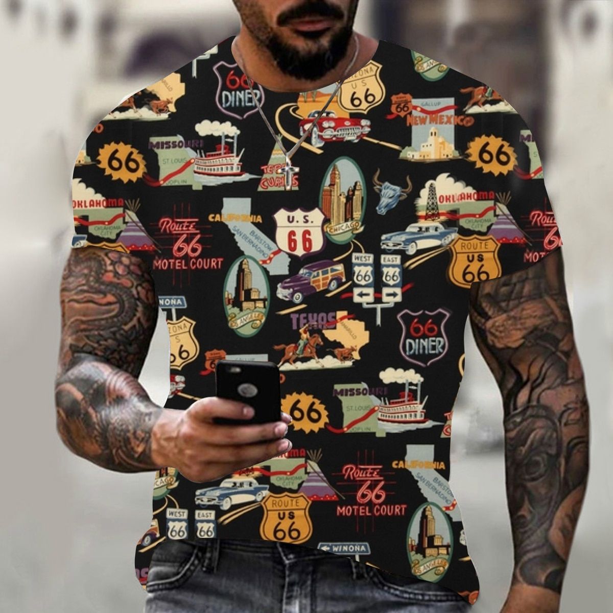 summer Castrol retro short-sleeved men's T-shirt 3D printing ethnic alphabet Harajuku fashion T-shirt men's collar top