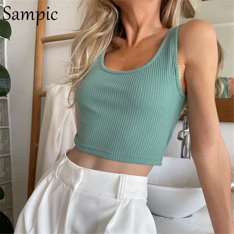 Casual Green Knitted Summer T Shirt Tops Skinny Basic Mini Strap Crop Tops Streetwear Club Tank Top