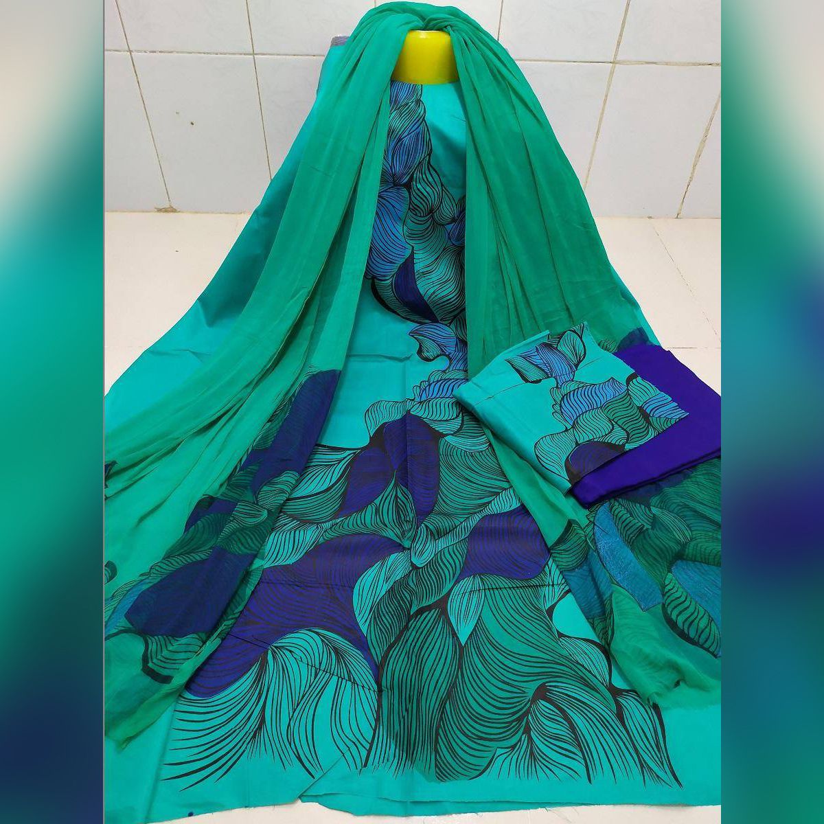 Unstitched Blue Color Cotton Screen Printed Salwar Kameez For Women